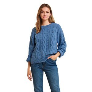 Ralph Lauren Ash Wash Faded Vintage Blue Cable Knit Crewneck Sweater